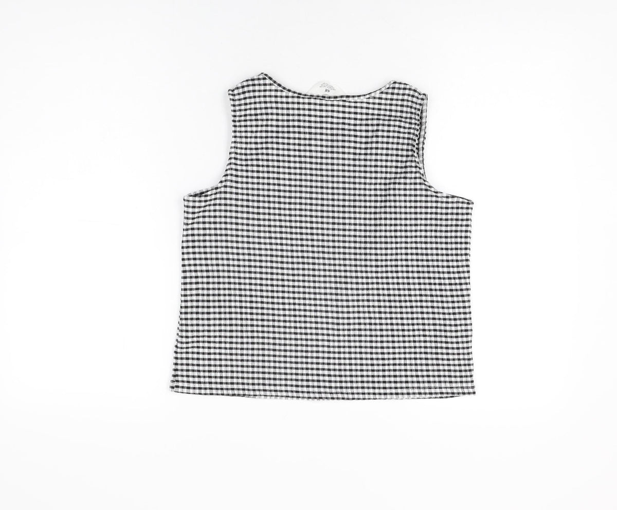 Back view of H&M girls’ black gingham polyester basic t-shirt, size 11-12, years round neck pullover