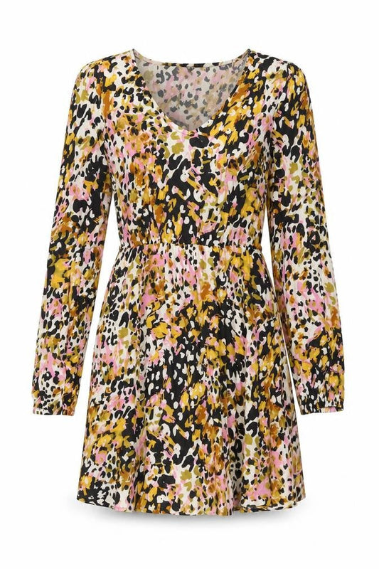 Front view of JDY women’s multicoloured geometric viscose skater dress, size UK 8, v-neck pullover