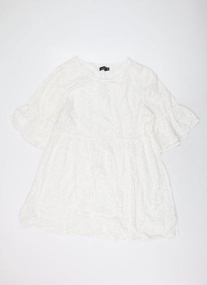 Boohoo Womens White Floral Cotton Shift Size 16 Round Neck Pullover