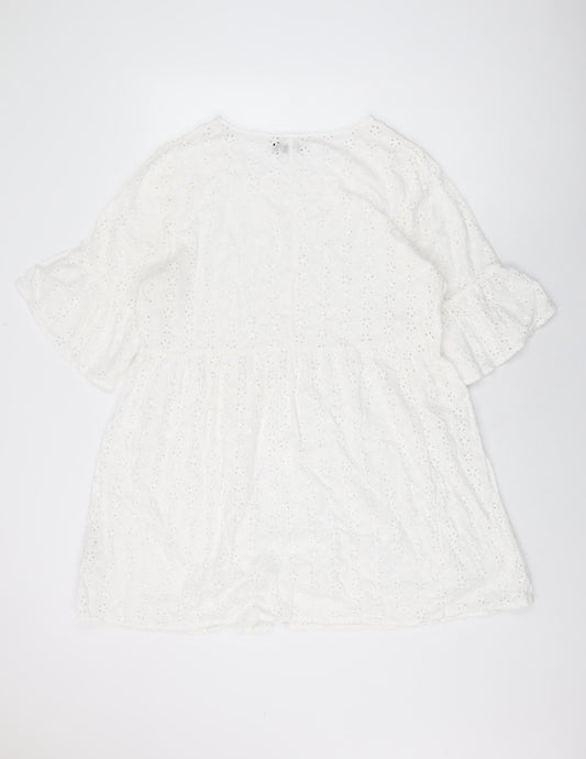 Boohoo Womens White Floral Cotton Shift Size 16 Round Neck Pullover