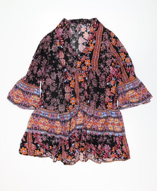 QED London Womens Black Floral Viscose Shift Size M V-Neck Button