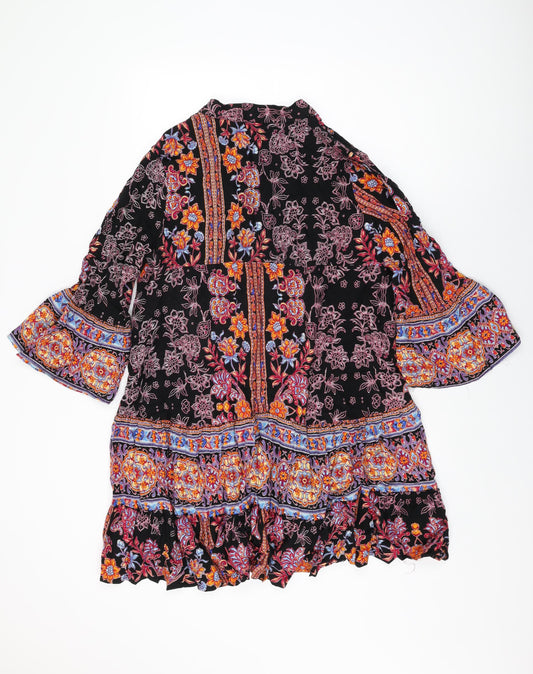 QED London Womens Black Floral Viscose Shift Size M V-Neck Button