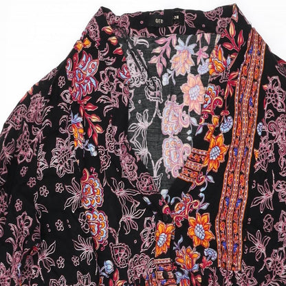 QED London Womens Black Floral Viscose Shift Size M V-Neck Button