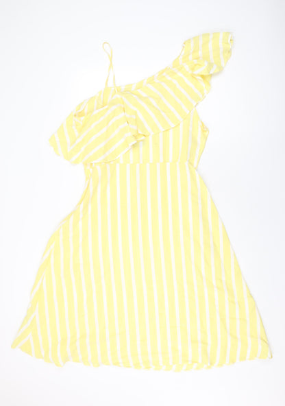 New Look Womens Yellow Striped Cotton A-Line Size 16 One Shoulder Zip