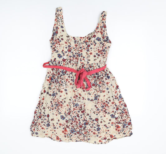 Influence Womens Beige Geometric Cotton Skater Dress Size 8 Scoop Neck Zip