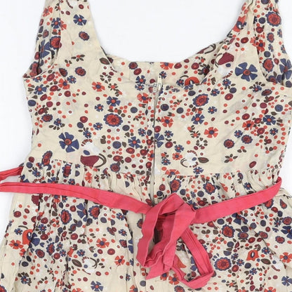 Influence Womens Beige Geometric Cotton Skater Dress Size 8 Scoop Neck Zip