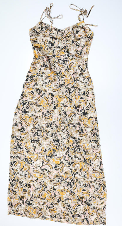 Neon Rose Womens Beige Geometric Polyester Maxi Size M V-Neck Tie