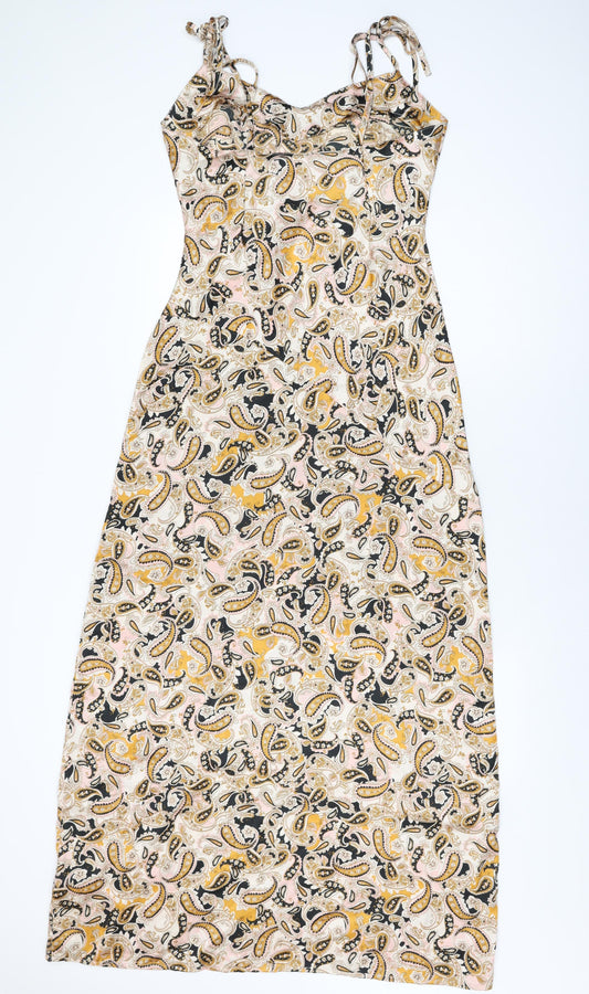 Neon Rose Womens Beige Geometric Polyester Maxi Size M V-Neck Tie