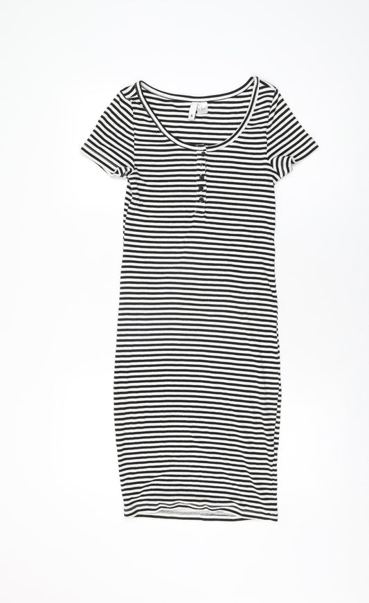 H&M Womens White Striped Cotton Bodycon Size S Round Neck Pullover