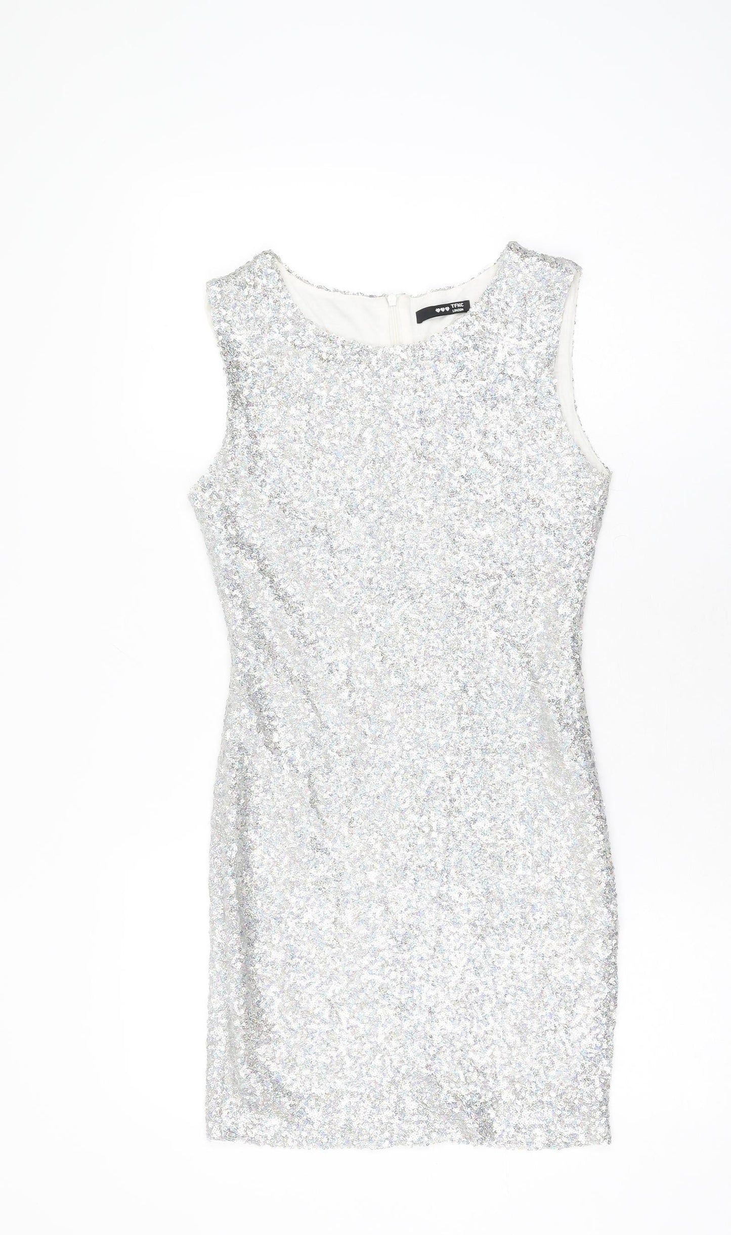 TFNC Womens Silver Polyester Bodycon Size S Round Neck Zip - Sequins
