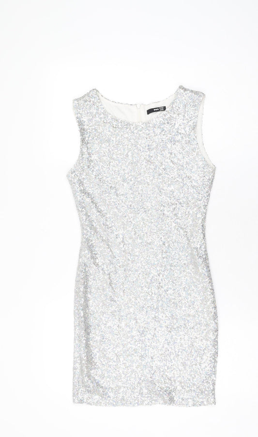 TFNC Womens Silver Polyester Bodycon Size S Round Neck Zip - Sequins