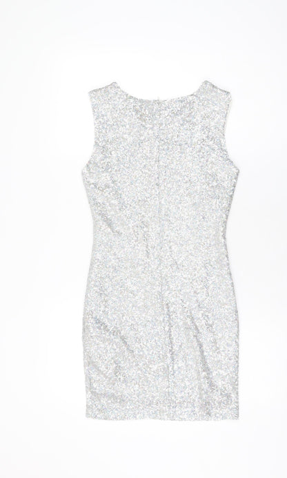 TFNC Womens Silver Polyester Bodycon Size S Round Neck Zip - Sequins