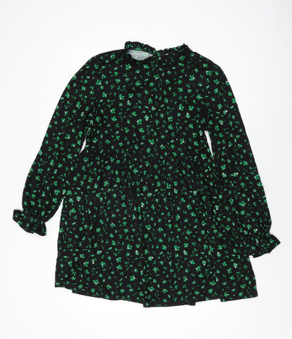 New Look Womens Black Floral Cotton Shift Size 10 Round Neck Button