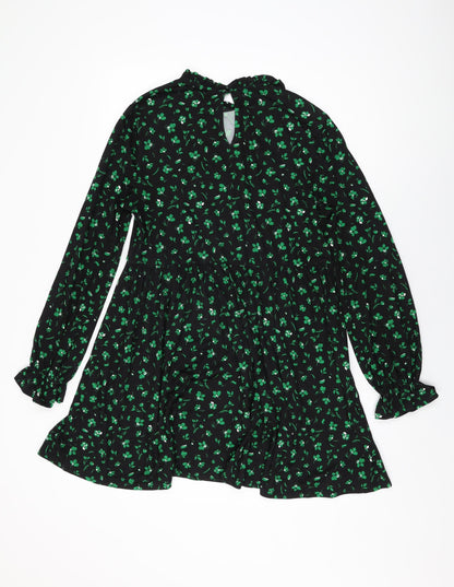 New Look Womens Black Floral Cotton Shift Size 10 Round Neck Button