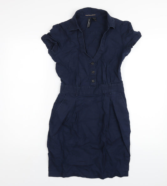 Mango Womens Blue Linen A-Line Size S V-Neck Zip
