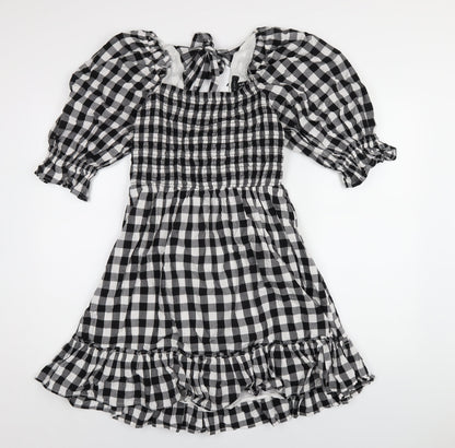 New Look Womens Black Check Cotton A-Line Size 10 Square Neck Zip