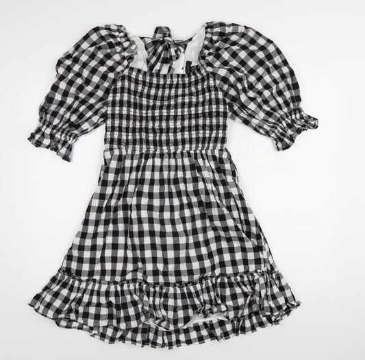 New Look Womens Black Check Cotton A-Line Size 10 Square Neck Zip