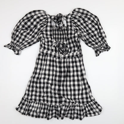 New Look Womens Black Check Cotton A-Line Size 10 Square Neck Zip