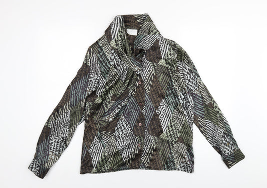 Front view of Cotswold Collection women’s multicoloured geometric silk basic button-up, size UK 10, v-neck