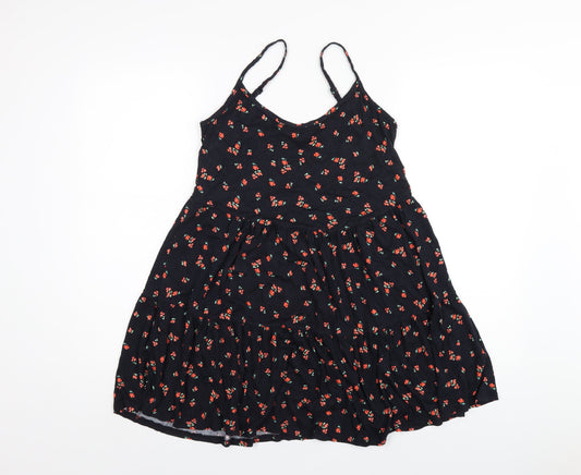 Red Herring Womens Black Floral Viscose A-Line Size 10 Scoop Neck Pullover