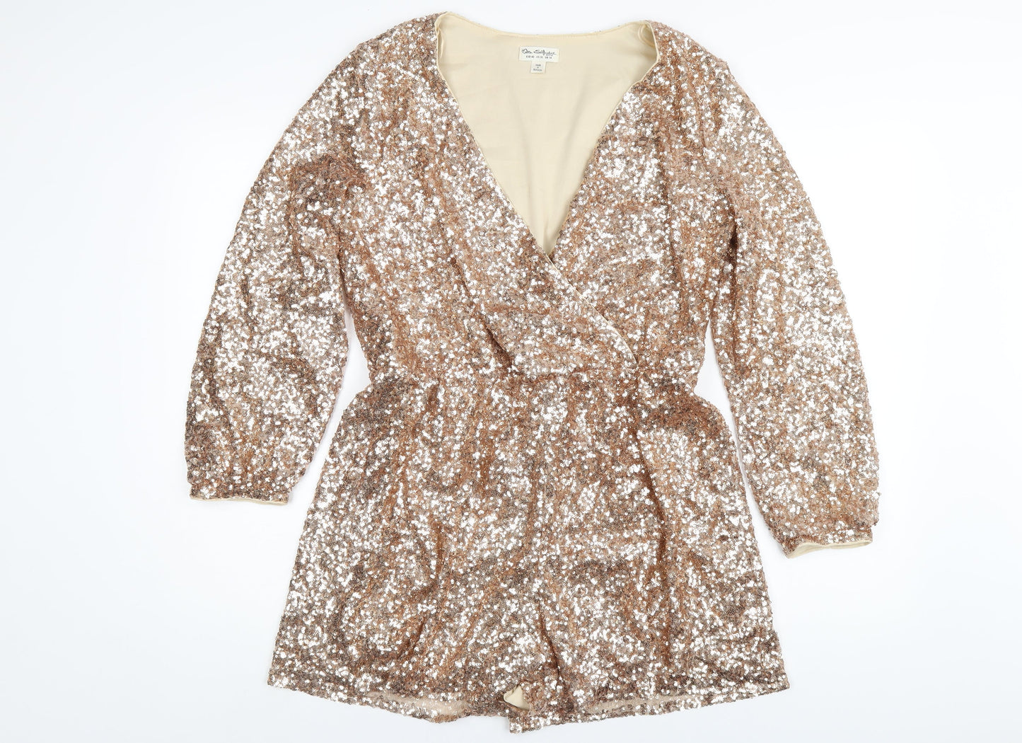 Miss Selfridge Womens Gold Nylon Playsuit One-Piece Size 14 Pullover - Sequin