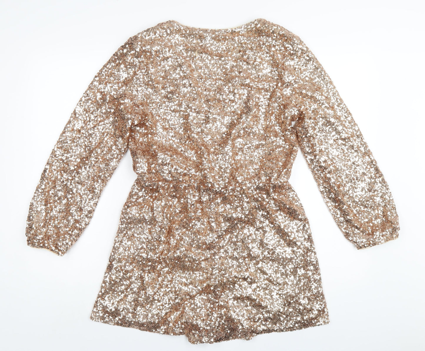 Miss Selfridge Womens Gold Nylon Playsuit One-Piece Size 14 Pullover - Sequin