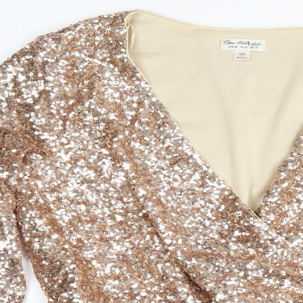 Miss Selfridge Womens Gold Nylon Playsuit One-Piece Size 14 Pullover - Sequin