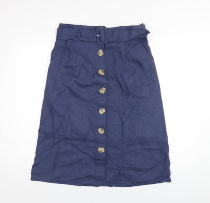 Marks and Spencer Womens Blue Linen A-Line Skirt Size 12 Button