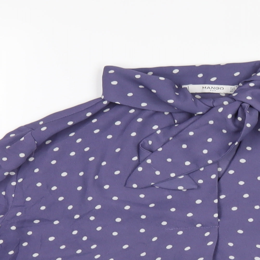 Mngo Womens Blue Polka Dot Polyester Basic Blouse Size M V-Neck