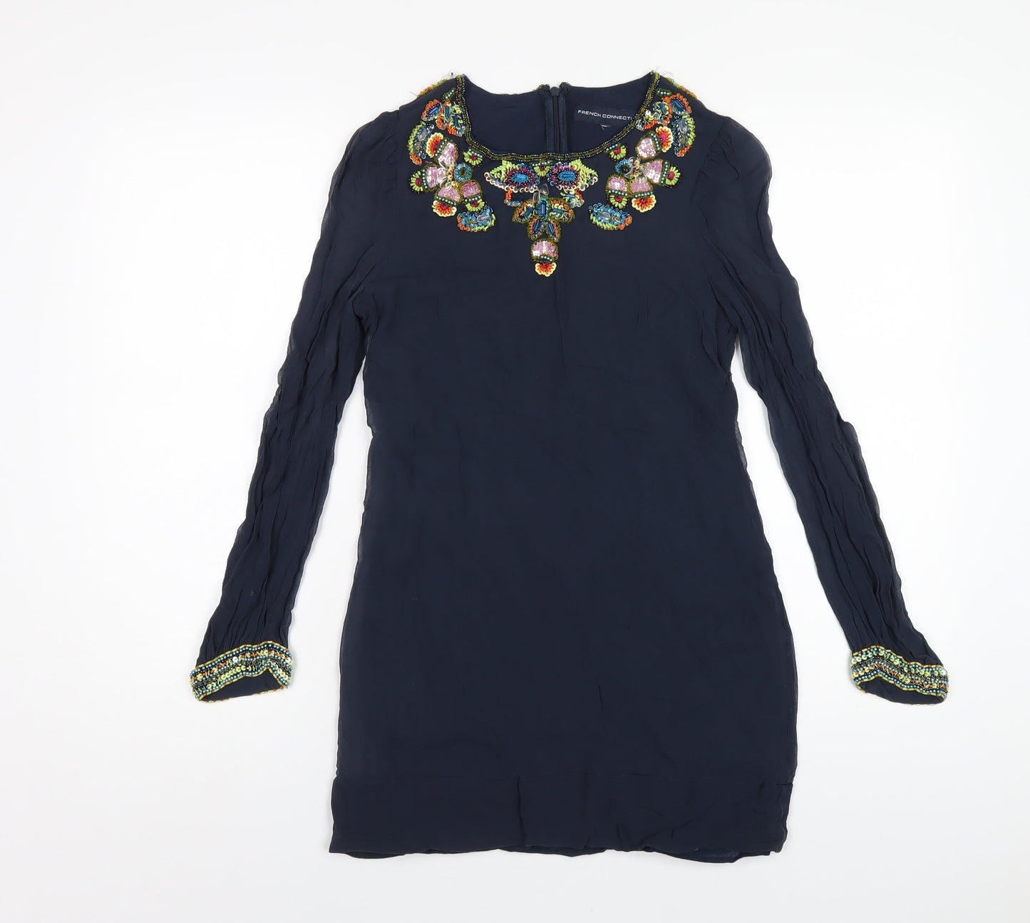 French Connection Womens Blue Silk A-Line Size S Round Neck Zip