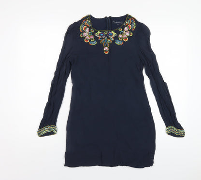 French Connection Womens Blue Silk A-Line Size S Round Neck Zip