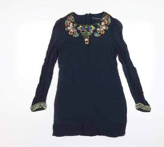 French Connection Womens Blue Silk A-Line Size S Round Neck Zip