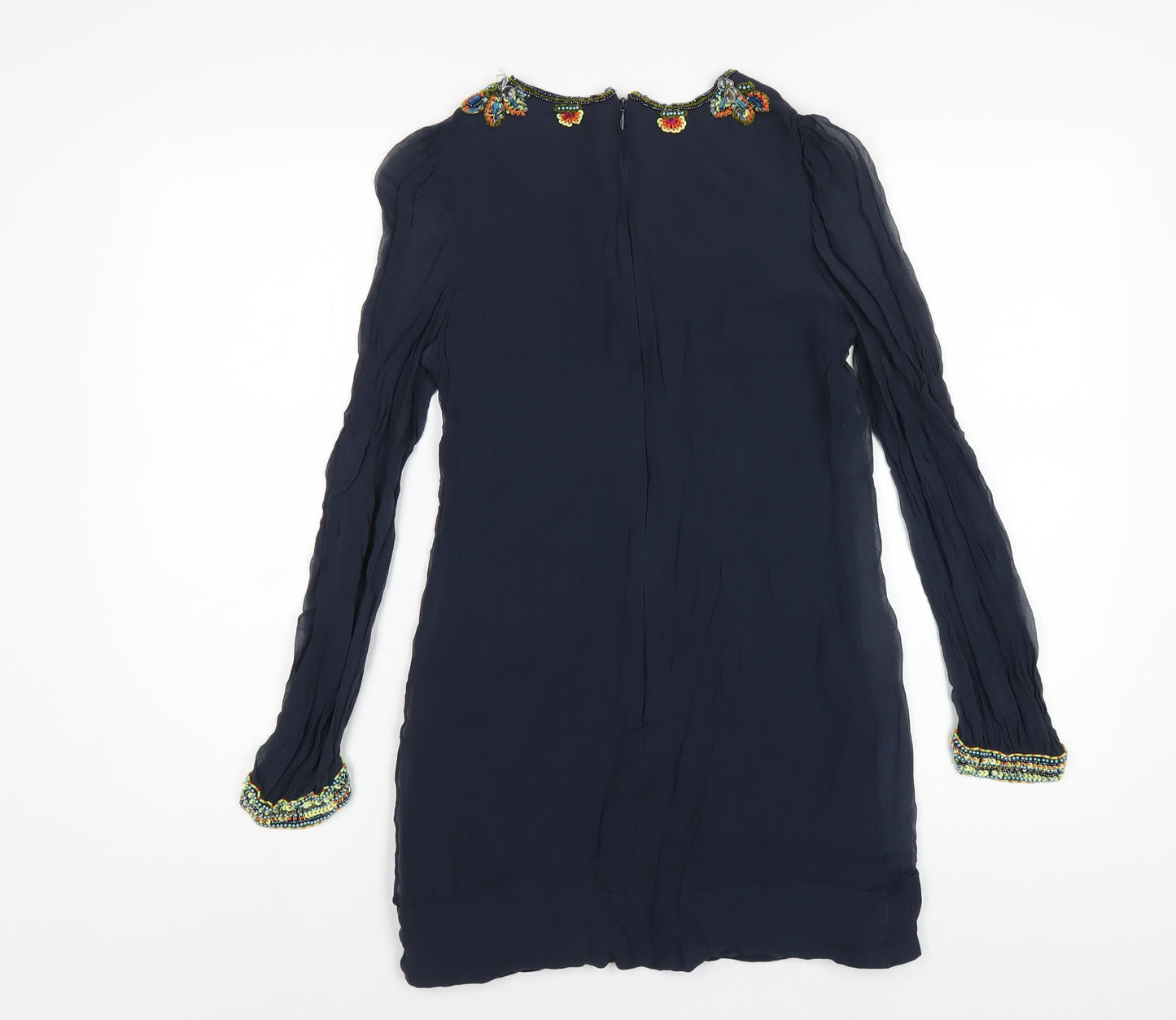 French Connection Womens Blue Silk A-Line Size S Round Neck Zip