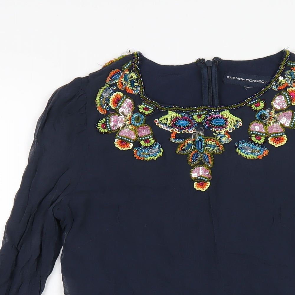 French Connection Womens Blue Silk A-Line Size S Round Neck Zip