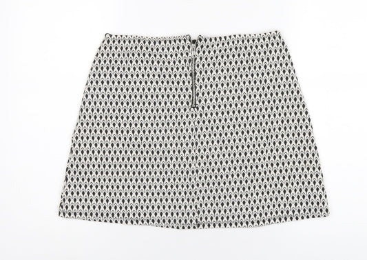 Miss Selfridge Womens White Geometric Polyester A-Line Skirt Size 12 Zip