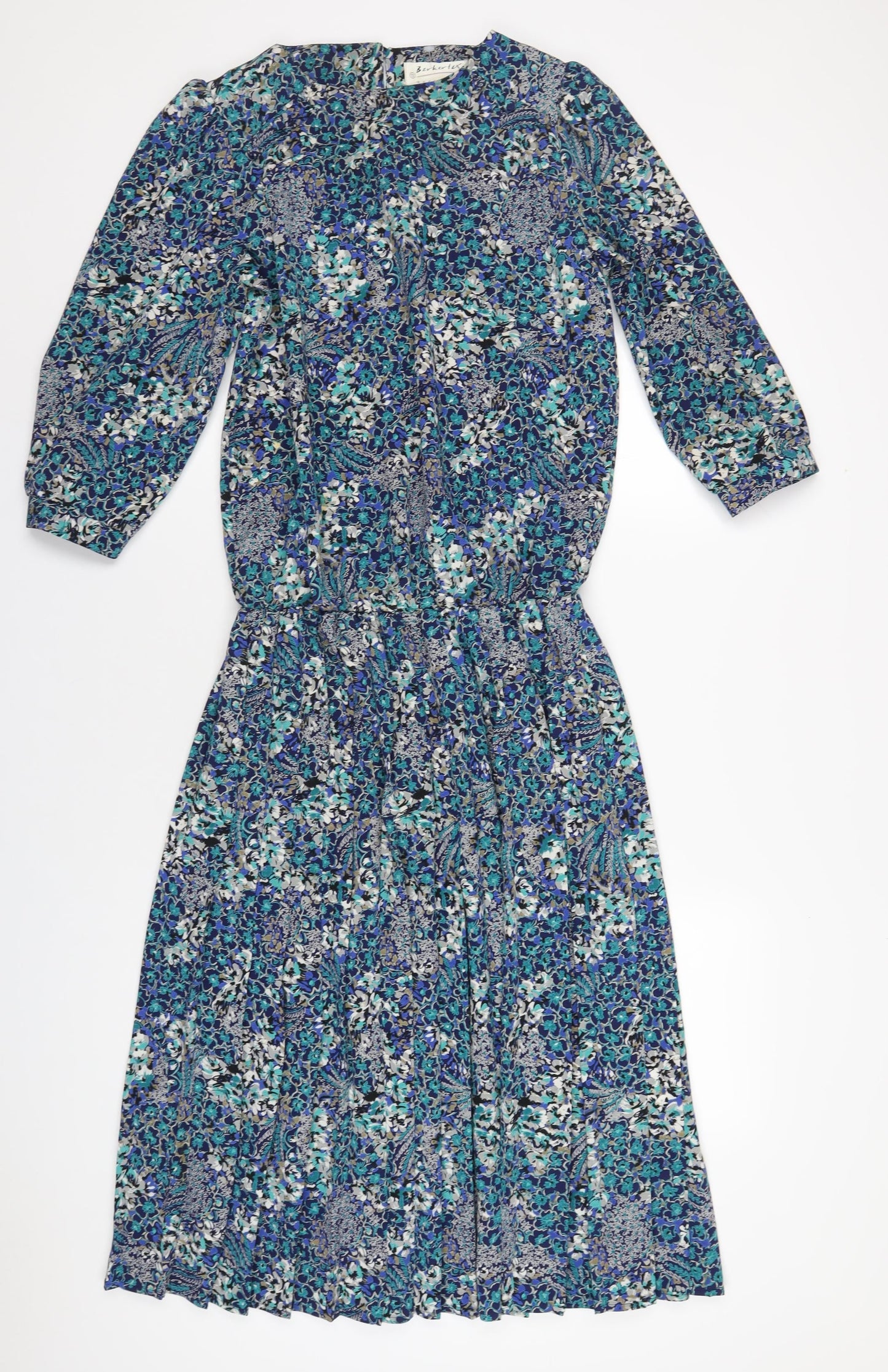 Berkertex Womens Blue Geometric Polyester A-Line Size 12 Round Neck Button