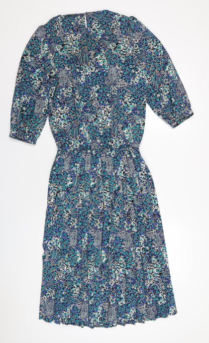 Berkertex Womens Blue Geometric Polyester A-Line Size 12 Round Neck Button