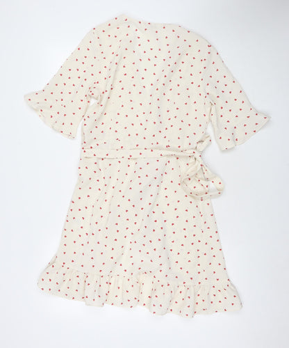 Vera & Lucy Womens White Geometric Polyester Wrap Dress Size M V-Neck Pullover - Hearts