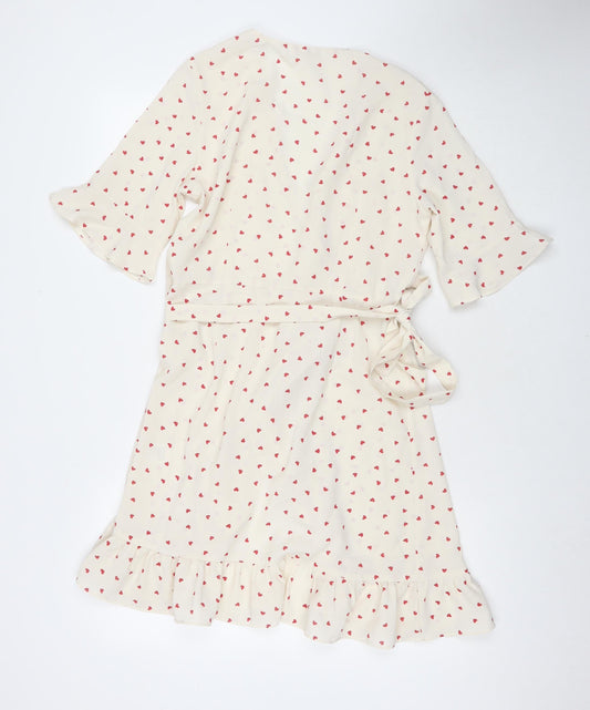 Vera & Lucy Womens White Geometric Polyester Wrap Dress Size M V-Neck Pullover - Hearts