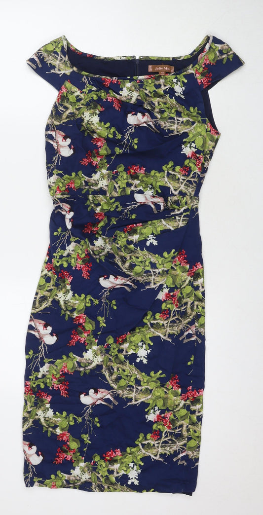 Jolie Moi Womens Multicoloured Floral Cotton Pencil Dress Size 10 Round Neck Zip - Birds