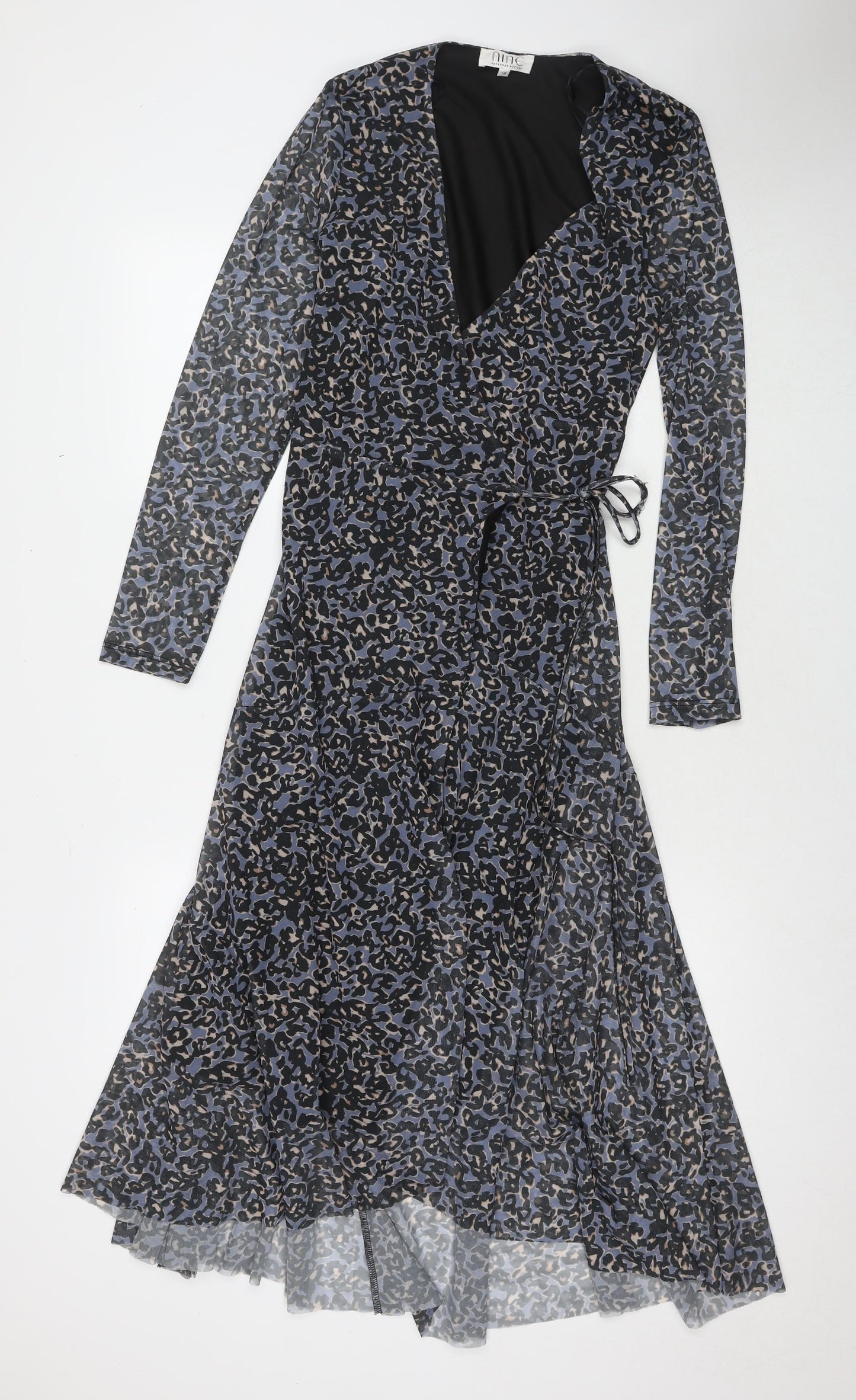 Savannah Miller Womens Blue Animal Print Polyester Wrap Dress Size 12 V-Neck Tie