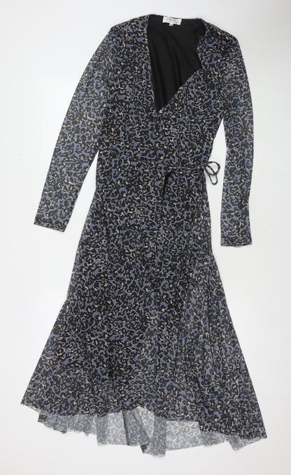 Savannah Miller Womens Blue Animal Print Polyester Wrap Dress Size 12 V-Neck Tie