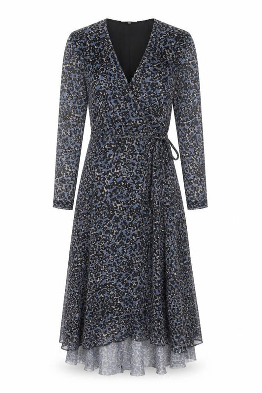 Front view of Savannah Miller women’s blue animal print polyester wrap dress, size UK 12, v-neck tie