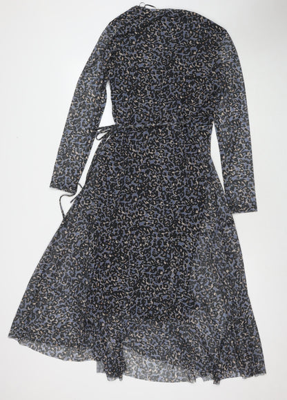 Savannah Miller Womens Blue Animal Print Polyester Wrap Dress Size 12 V-Neck Tie