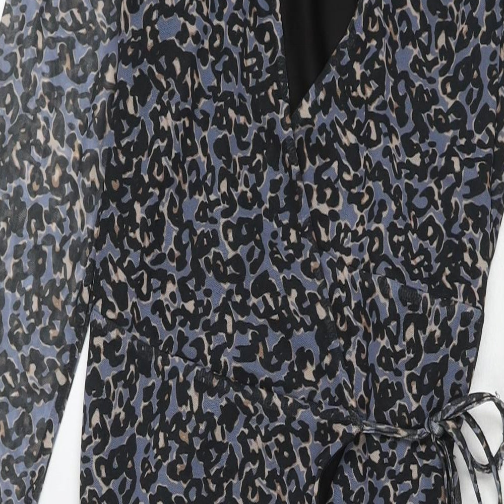 Savannah Miller Womens Blue Animal Print Polyester Wrap Dress Size 12 V-Neck Tie