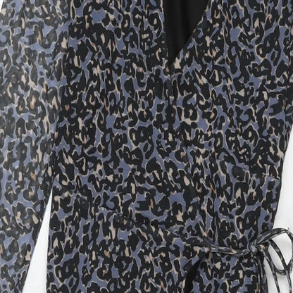 Savannah Miller Womens Blue Animal Print Polyester Wrap Dress Size 12 V-Neck Tie