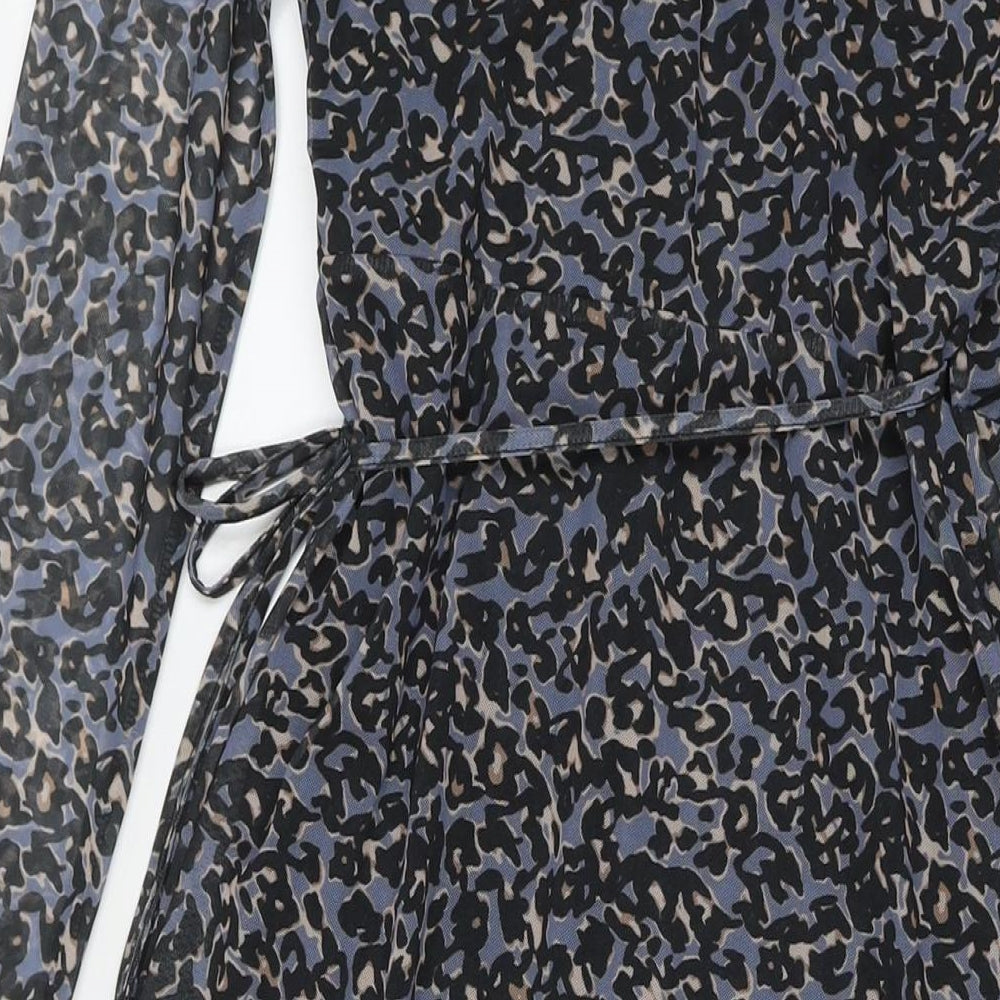 Savannah Miller Womens Blue Animal Print Polyester Wrap Dress Size 12 V-Neck Tie
