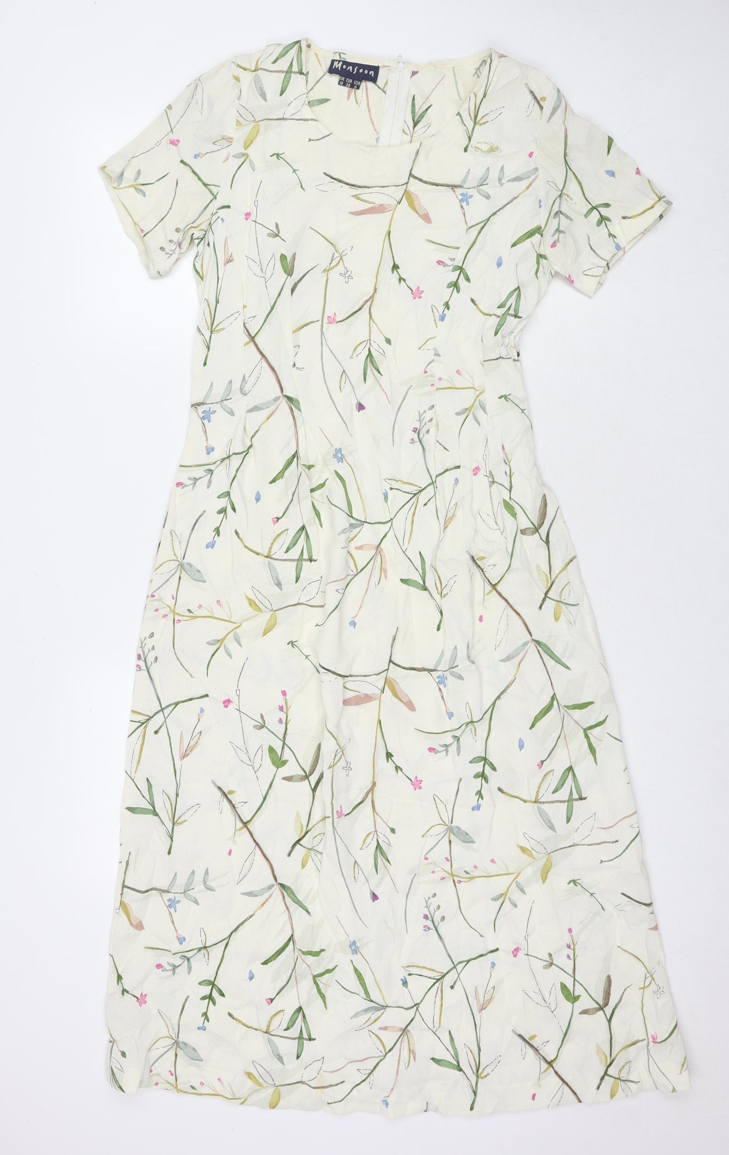 Monsoon Womens Beige Floral Polyester A-Line Size 10 Round Neck Zip