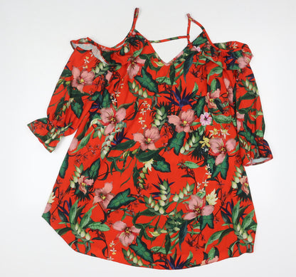 Miss Selfridge Womens Red Floral Polyester T-Shirt Dress Size 8 V-Neck Pullover - Cold Shoulder