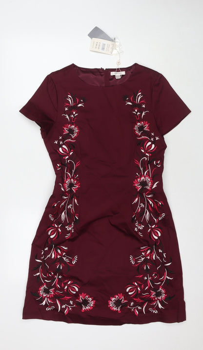 Precis Womens Red Floral Cotton A-Line Size 10 Round Neck Zip